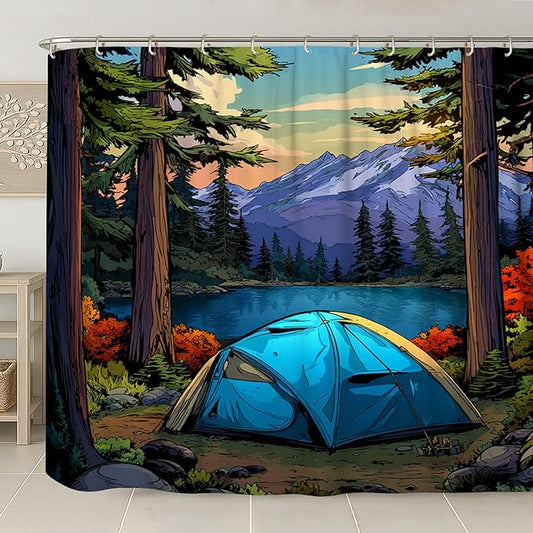 Mountain Lake Shower Curtain, Vibrant Blue Camping Tent Nature Scene Bathroom Decor, Outdoor Spring Summer Wilderness Art Waterproof Fabric Curtain with Hooks 108x72 Inch