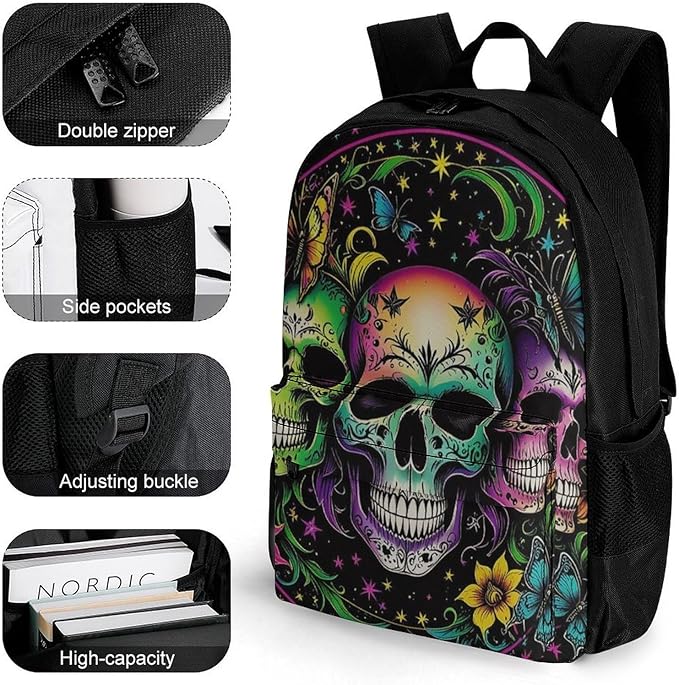 Supdreamc Men Women Lightweight Psychedelic Skull Sbutterflies Art Backpack Large Capacity Carry On Bag With Padded Straps for Sports Work Walking Cycling