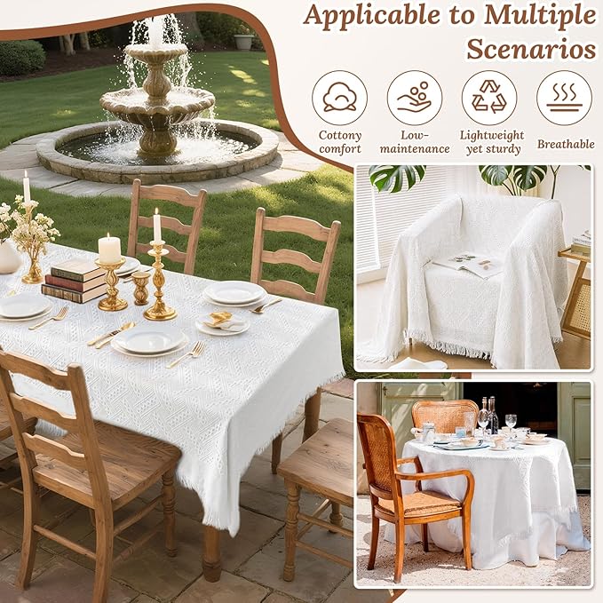 98 x 91 Extra Large White Outdoor Picnic Blanket, Woven Cotton Yarn Oversize Portable Blanket with Fringe for Camping, Lawn or Wedding. Indoor Bohemia Decorations, Machine Washable (98x91 Inches)