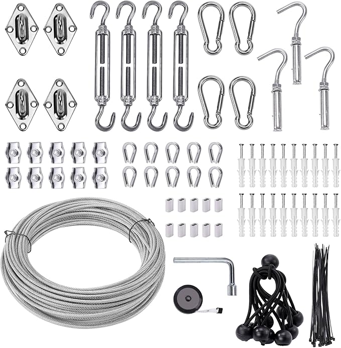 Shade Sail Hardware Kit 6 inch with 65.5FT 1/8" Wire Rope Kit for Triangle Rectangle Sun Shade Sail Outdoor Installation turnbuckles for Cables Wire for Outdoor,Garden,Kitchen,Craft,123PCS