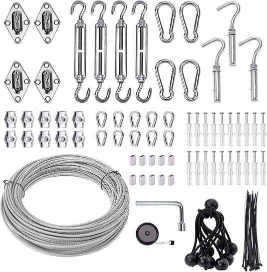 Shade Sail Hardware Kit 6 inch with 65.5FT 1/8" Wire Rope Kit for Triangle Rectangle Sun Shade Sail Outdoor Installation turnbuckles for Cables Wire for Outdoor,Garden,Kitchen,Craft,123PCS
