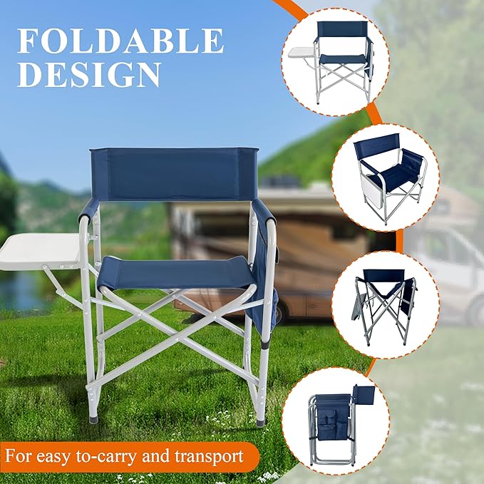Camping Chair with Side Table & Storage Pockets - Portable Directors Chair Foldable for Outdoor Camping, Lawn, Beach, Fishing, Picnic, Trip (2 Pack) (Blue)