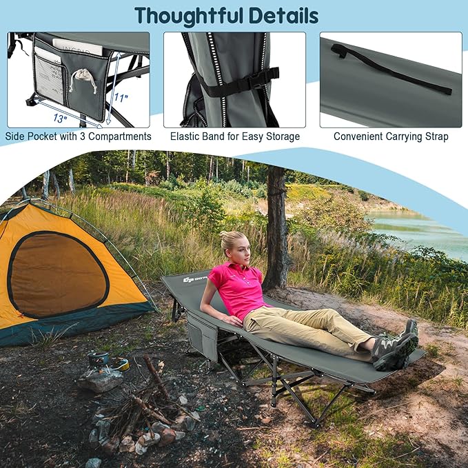 Goplus Folding Camping Cot, 27.5" Sleeping Cot for Adults with Carry Bag, 600LBS Weight Capacity, Slanted Head, Side Pocket, Heavy Duty Portable Camping Bed for Kids, Beach, Office Snap (Gray)
