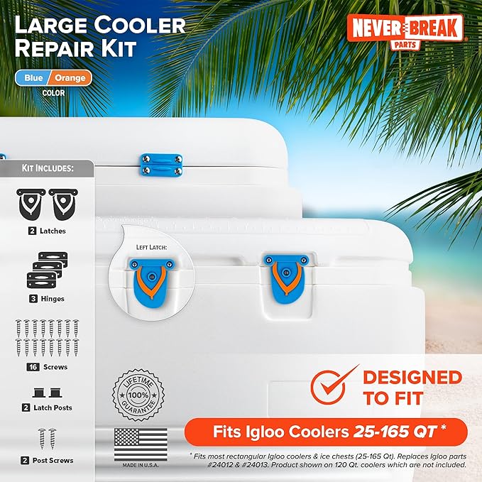 NeverBreak Parts - Igloo Cooler Replacement Parts - Large Repair Kit | High Strength Igloo Cooler Hinges Replacement with Latches | Ice Chest Repair Kit