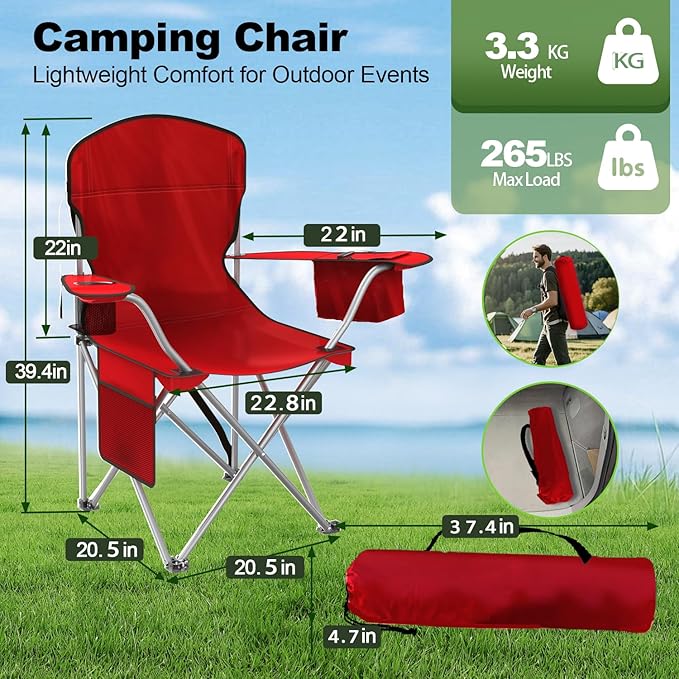 Folding Camping Chairs Durable 600D Oxford, Portable Outdoor Chair with Cooler Pouch, Cup Holder & Storage Pocket for Camping, Beach, Fishing