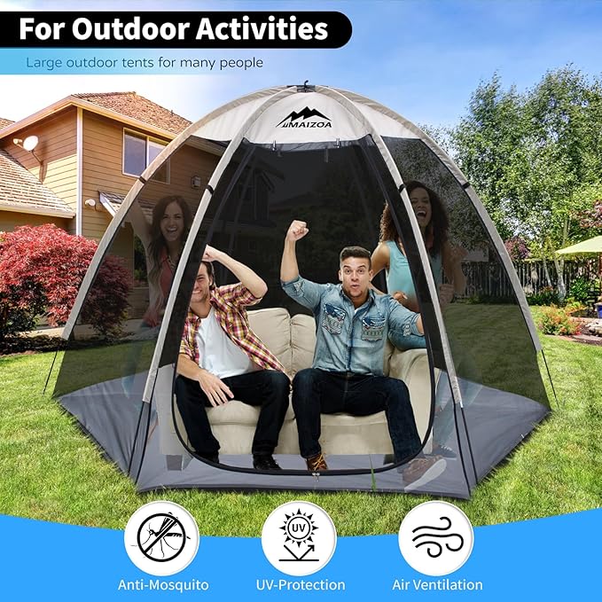 Screen House Tent 8 x 7 Ft Mesh Net, Outdoor Camping Screen Room Sun Shade Gazebo Shelter, Perfect for Family Picnic, Backyards, Campfire Barbecue and Party (Beige, with Floor mat)