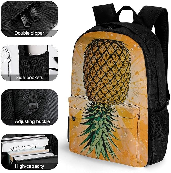 Daypack Backpack Polyester Multipurpose Anti-Theft Upside Down Pineapple Shoulder Bag Big Capacity Gym Outdoor Hiking Backpack With Smooth Zippers