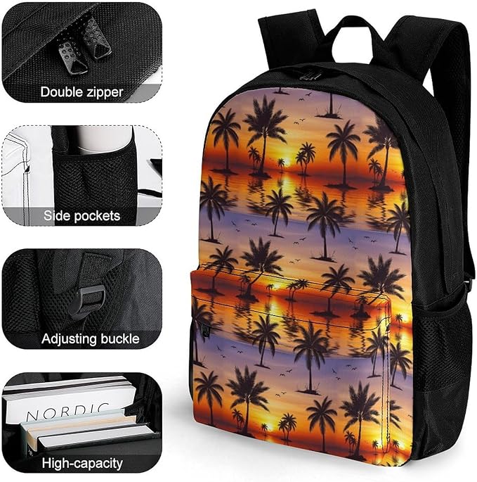 Rucksacks Polyester Anti-Theft Multipurpose Tropical Sunset Coconut Palm Tree Carry On Bag Large Capacity Gym Outdoor Hiking Backpack With Smooth Zippers