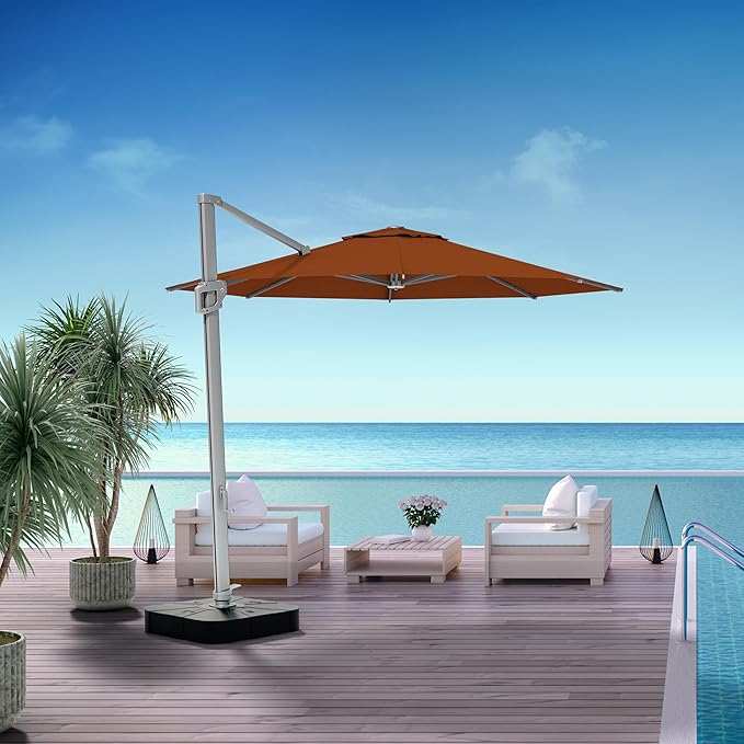 Midtown Umbrellas 10 Ft Outdoor Cantilever Patio Umbrella w/Sunbrella Terracotta Fabric - 360° Rotate Offset Patio Umbrella, Deck Patio Umbrella, Backyard Umbrella & Garden Umbrella - Silver Frame