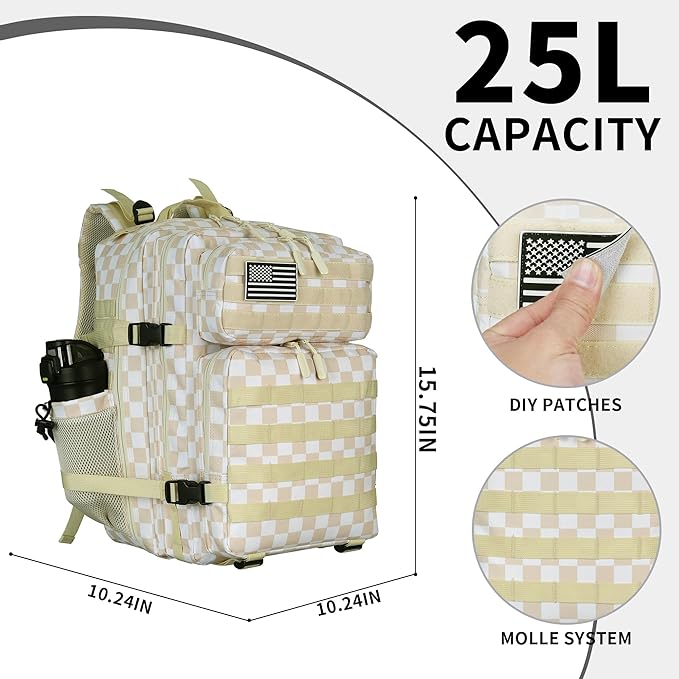 25L/45L Tactical Backpack Military Tactical Backpack Heavy Duty Molle Assault Pack for Work Gym Outdoors (1.0 25L-Beige Checkered, Small)