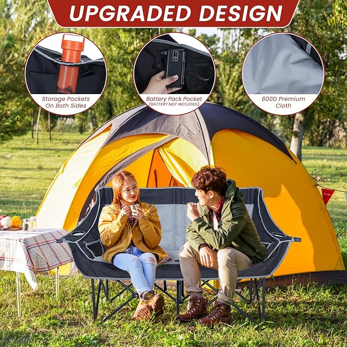 DoCred Heated Double Camping Chair, Heated Folding Camping Chairs Loveseat Outdoor Sports,Heating Oversized Loveseat Chairs for Adults,2 Person Camp Chair with 3 Heat Levels, Battery NOT Included