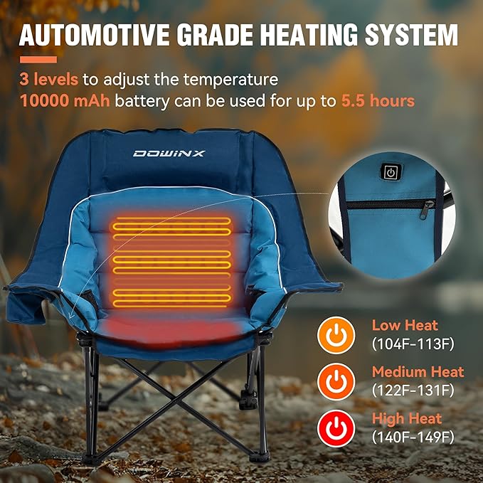 Dowinx Heated Camping Chair for Adults - Oversized Extra Large Folding Chair with Adjustable Padded Seat, Cup Holder, 400 lbs Capacity, Blue
