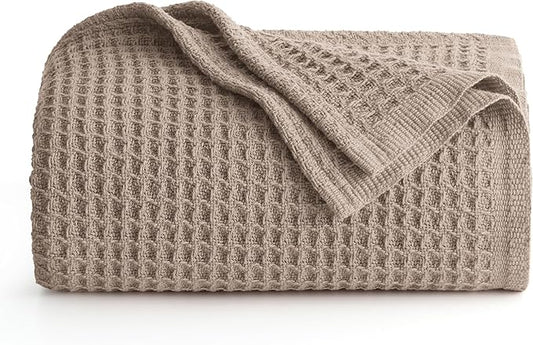 Bedsure Gentlesoft 100% Cotton Blanket Twin XL Size for College Dorm - Breathable and Soft, Waffle Weave Twin Blanket for Summer, Dorm Room Essentials, Taupe, 66x90 inches