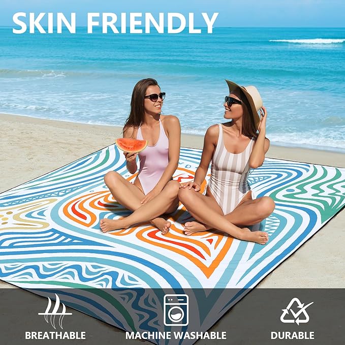 Beach Blanket, Sandproof Beach Mat, Waterproof Quick Drying Lightweight Outdoor Aztec Picnic Mat 79" X 83"/120"x108" for 2-8 Adults for Travel, Camping, Hiking