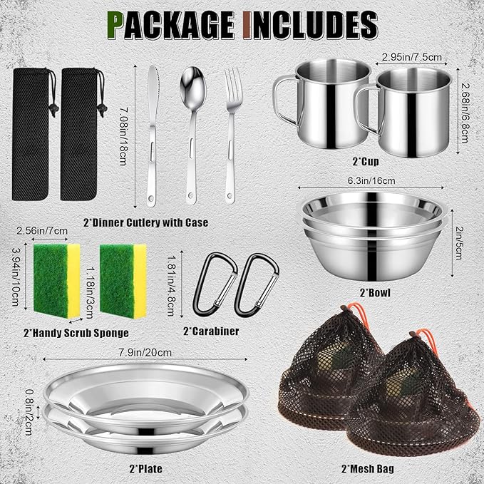 Scout Camping Mess Kit for Person 18/8 Stainless Steel Utensils Camping Dinnerware Kit Boy Scout Dishes Set Girl Scout Mess Kit with Mesh Bag Camping Cutlery Set for Travel Trip School Camp
