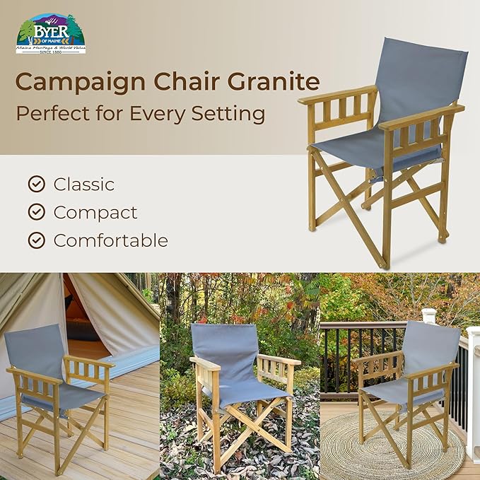 BYER OF MAINE Pangean Campaign Chair, Portable Ash Wood Folding Chair with Heavy-Duty Canvas Seat Material. Ideal Patio, Deck & Camping Seat 20″D × 23″W × 36″H, 250 lbs Capacity in Ash Granite