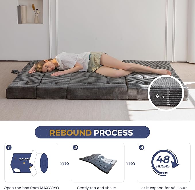 MAXYOYO Folding Mattress, 4 Inch Tufted Foldable Mattress Full Foam Bed, Tri-Fold Floor Couch with Handles Guest Bed Topper Portable Camping Mat with Corded Fabric, Queen Size, Dark Grey