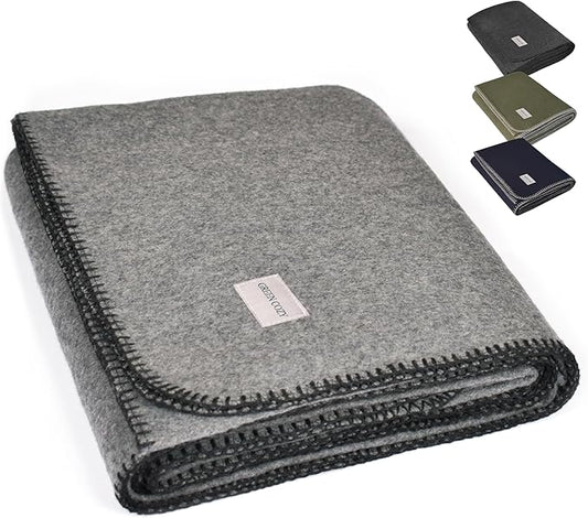 Military Style Wool Blanket – Cushioned, Breathable, Durable, Warm & Washable – Double-Stitched Border – Great for Camping, Outdoor, First Aid, Travel, Car – Fire-Resistant – 64"x90" 4.5lb (Gray)