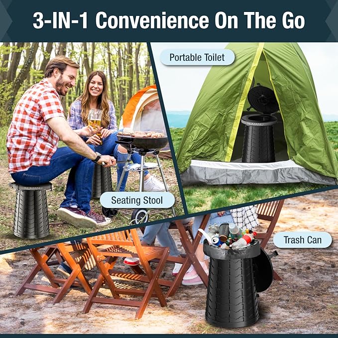 NUMANU 19.7" XXL 3IN1 Portable Toilet Seat, Stool, Trash Can | Adjustable Height Portable Potty, Foldable Toilet with Lid & Waste Bags, Outdoor Travel Potty, Pop Up Camping Toilet for Adults & Kids