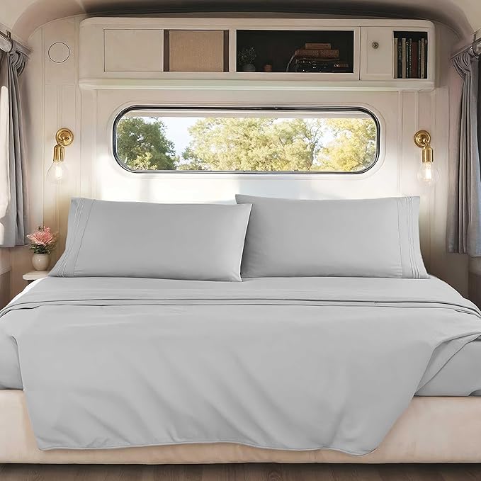 Hearth & Harbor Short Queen Sheets for RV, Light Grey RV Queen Sheets, Silky Soft 1800 Microfiber Bed Sheet for Camper, 4 Piece RV Bedding with Pillowcases