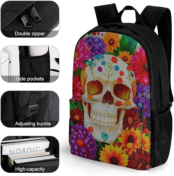 Rucksack Anti-Theft Multipurpose Big Capacity Carry On Bag, Colorful Sugar Skull Floral Traveling Camping Backpack With Side Pockets