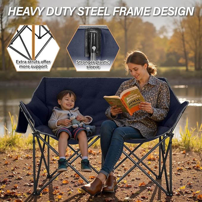Double Camping Chairs-Padded Loveseat Camp Couch for 2 Person,Heavy Duty Sofa Folding Lawn Chair with Cushion for Backyard,Sports,Patio and Home Use,Deep Blue