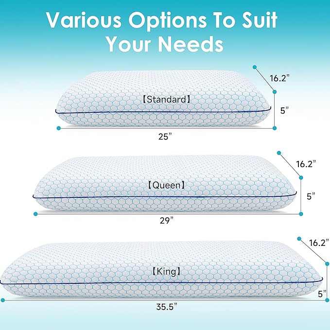 Memory Foam Pillows for Side, Back and Stomach Sleepers, Set of 2, Bed Pillow with Washable Cover and Breathable Mesh, Bed Pillow for Sleeping (Blue，King Size)
