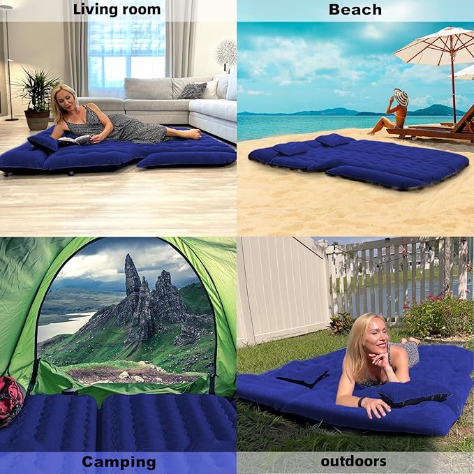 Umbrauto SUV Camping Air Mattress: Inflatable Car Bed for Back Trunk Sleeping with Air Pump, Flocking Surface, Heavy-Duty 210T Bottom, Includes Pillows, Repair Kit, Storage Bag & 3-in-1 Nozzles