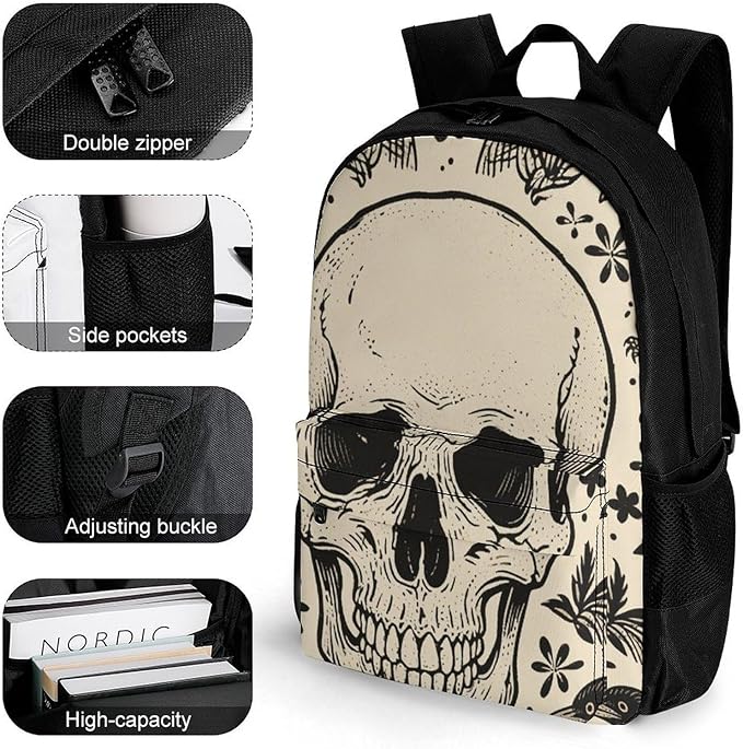 Backpack Multipurpose Anti-Theft Large Capacity Bookbag, Halloween Raven Goth Skulls Art Travel Hiking Daypack With Side Pockets
