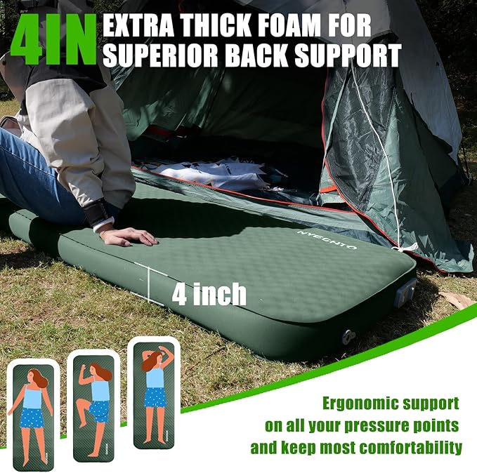 Self Inflating Sleeping Pad for Camping, 4" Extra-Thick Memory Foam Camping Mattress with Electric Pump, Fast Inflate & Deflate,9.5 R-Value Insulated Camping Pad for Car Travel Tent Cot, Green