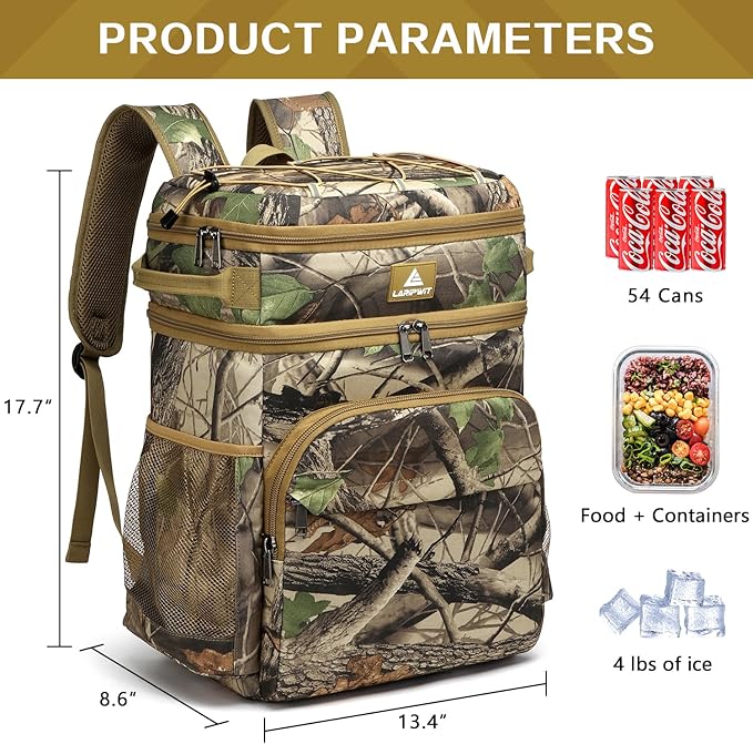 Laripwit Picnic Backpack Cooler - 54 Cans Large Soft Camo Lunch Backpack Bag Insulated Leakproof with Double Deck Compartment