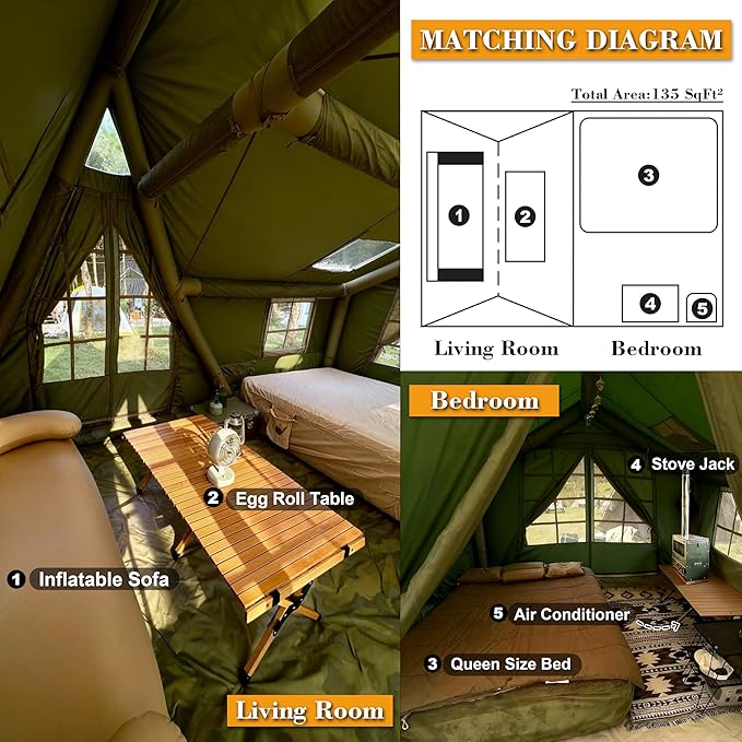 Inflatable Tents for Camping 8-10 Person, Luxury Inflatable Tent House with Stove Jack, Waterproof Portable Inflatable Camping Tent with Rainfly