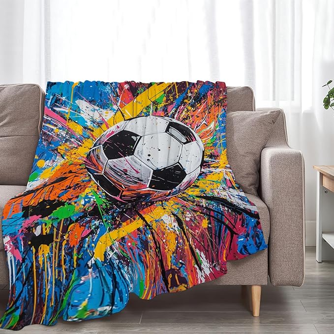Graffiti Soccer Blanket Banksy Sport Throw Blankets Gifts for Girls Boys Kids Soccer Lover Soft Cozy Fleece Plush for Couch Sofa Bed 60"x50"