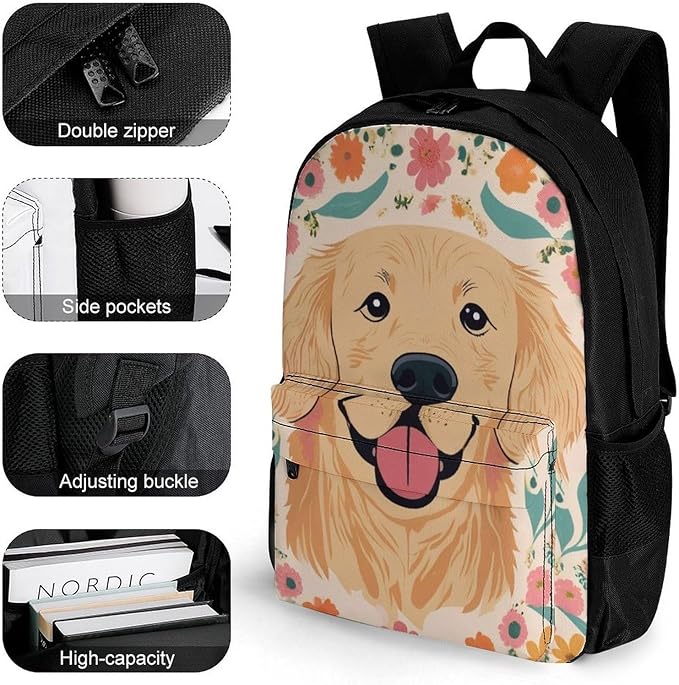 Women Men Polyester Golden Retriever Floral Dogs Casual Daypack Large Capacity Bookbag With Side Pockets for Sports Picnic Walking Cycling