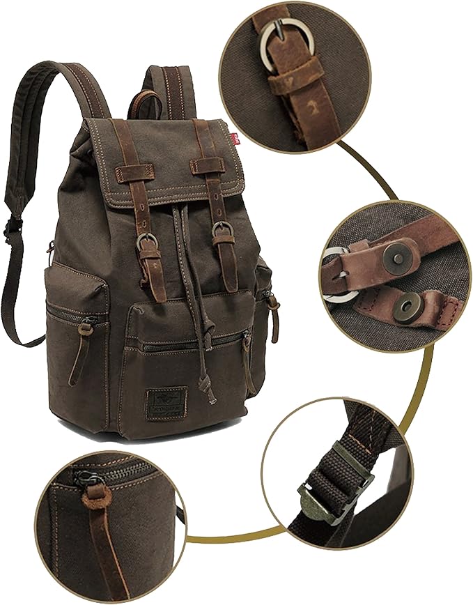 HuaChen Vintage Canvas Travel Backpack with Leather Trim, Laptop Padded Sleeve, Hidden Back Security Pocket, Fits 15-Inch, M32 Khaki Large