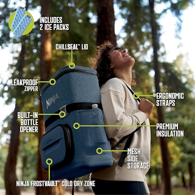 Ninja FrostVault Go Can Soft Cooler, 24/36 Can, Leak Proof, Built-In Cup Holder, 2 Ice Packs & Dry Storage Drawer, Polyester Insulation, Hiking, Camping, Picnic