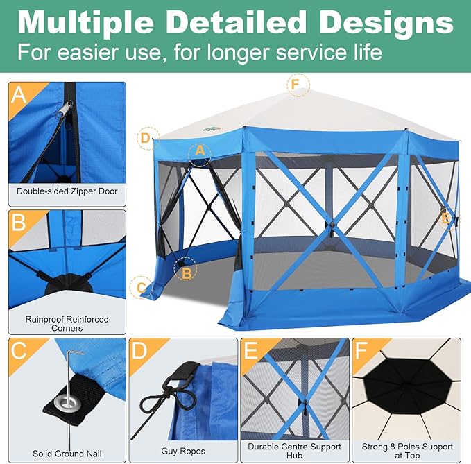 COBIZI 15x15 FT Pop Up Gazebo - Canopy Tent, Large Gazebos On Clearance with Sidewalls, Screened in Gazebo,carpas para Patio,Portable Screen Tents for 12-15 Persons Outdoor Camping, Backyard,Blue