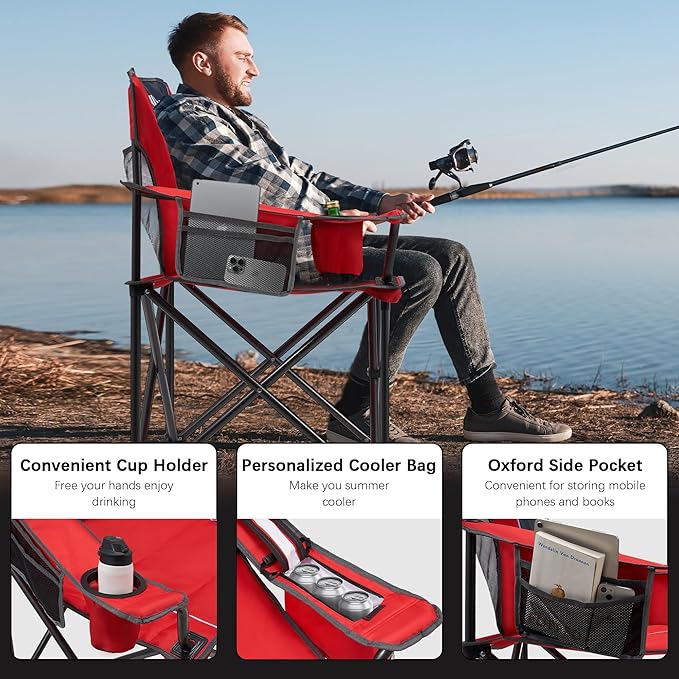 Oversized Folding Camping Chair for Adults - 450lbs Support - Heavy Duty Portable Lawn Chairs with Side Pocket Cup Holder Cooler Bag for Sports Garden Beach Fishing, Red