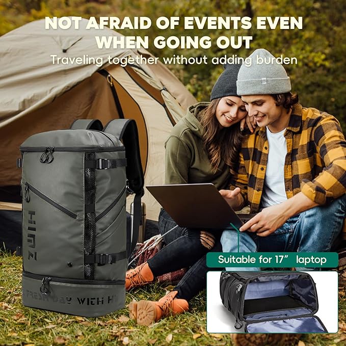 Camping Backpack with Lunch Compartment, Water Resistant Mens Backpack Insulated for Work, 17 inch Laptop Bag, Carry On Backpacks for Airplane Beach Travel, Green
