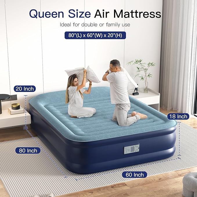Queen Air Mattress 20” Top Pillow with Built in Pump, 2 Mins High Speed Inflation Luxury Auto Stop Pump Blow Up Mattress Comfort Air Bed, Colchones Inflables