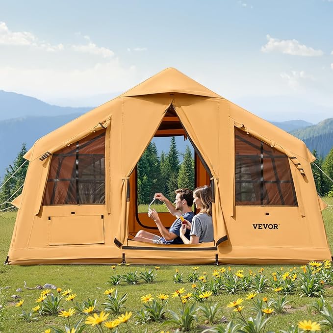 VEVOR Inflatable Tents for Camping, Easy Setup Blow up Tent with Hand Pump, 4 Season Glamping Tent with Stove Jack, Doors & Mesh Windows, Storage Bag Included for Easy Taking