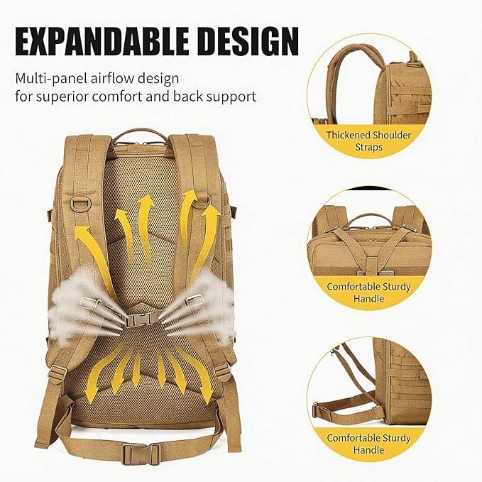 Tactical Backpack for Men, 50L/60L/70L Expandable Military tactical Backpack, Waterproof MOLLE Hiking & Camping Rucksack with Water Bottle Bag, Assault Pack & Bug Out Bag for Outdoor