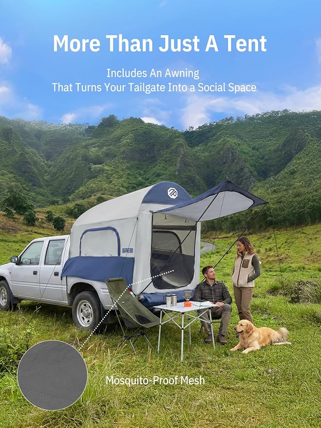 Niphean Truck Bed Tent 5ft with Awning Shade, 2 Mins Fast Setup Inflatable Pickup Truck Tent, for 2 People, PU 3000mm Waterproof, UPF 50+ Sunproof & High-Strength Windproof, Camp Anywhere You Park