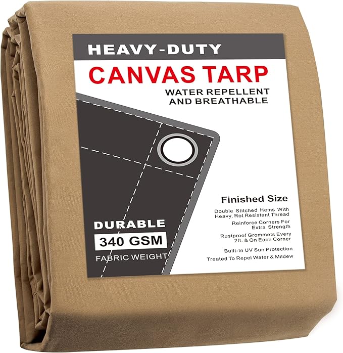 CARTMAN Finished Size 20x20 Feet Tan Canvas Tarp with Rustproof Grommets, Heavy Duty Multipurpose Tarpaulin Cover for Canopy Tent, Roof, Camping, Woodpile
