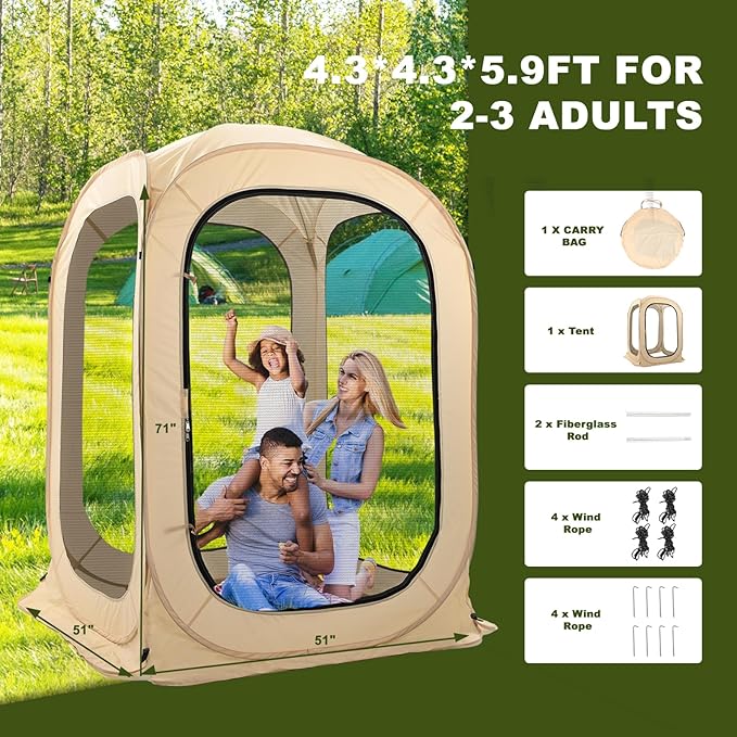 DoCred Screen House Tent Pop-Up, 4 x 4 FT Portable Screen Room Canopy Instant Screen with Carry Bag for Patio, Backyard, Deck & Outdoor Activities, Beige
