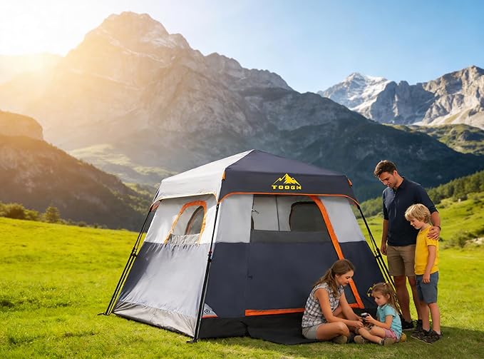 3/4 Person Camping Tent with 1 Door, 4 Windows, and Upgraded Ventilation– Instant Setup, Waterproof, 8'x 8'x 67''Oxford Fabric Floor Pop Up in 60 Seconds Includes Rainfly and Backpack