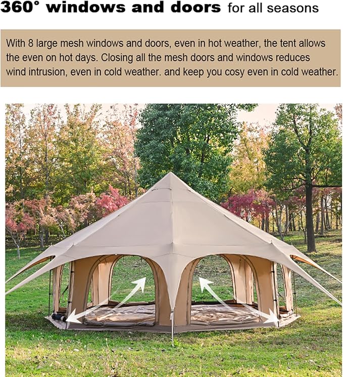 4 Season Canvas Bell Tent, 900D Oxford Yurt House, UPF50+, Family Camping Tent, 8 Person, Glamping, Festivals, Park Activities