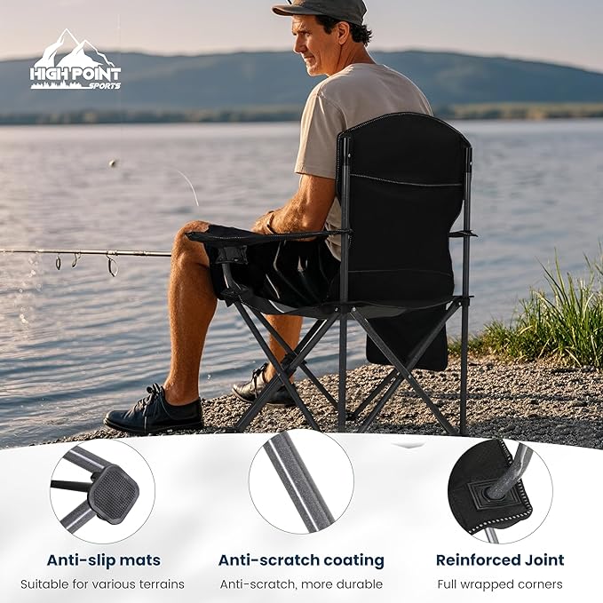 HIGH POINT SPORTS Oversized Camping Folding Chair, Heavy Duty Outdoor Chair with Armrest, Portable Lawn Chair with Cup Holder for Adults Support 350 LBS, 2 Pack, Gray-Black