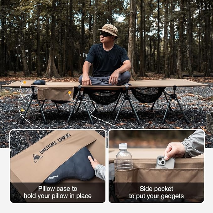 ONETIGRIS SUPRATIROS Extra Large Camping Cot, Height Adjustable Oversized Sleeping Cot with Extending Legs for Camping, Car Trips, Truck, Beach, Office Nap, Sturdy Supports Up to 400 lbs
