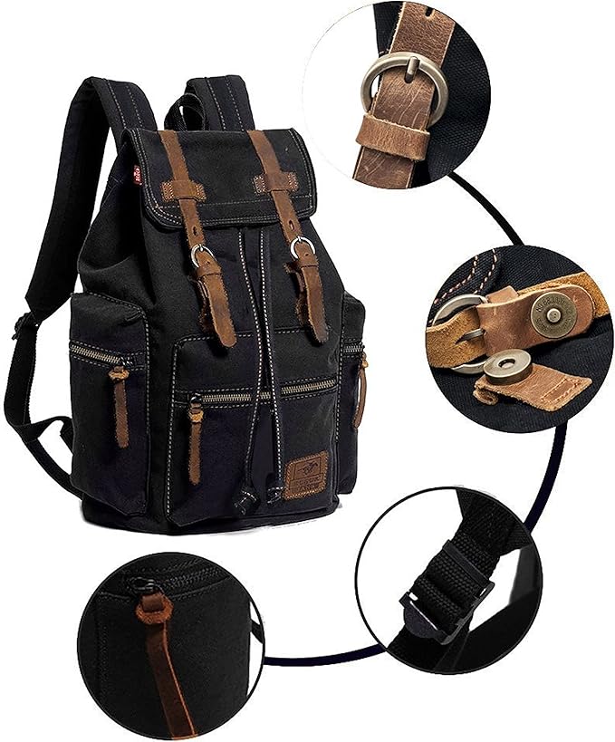 HuaChen Vintage Canvas Travel Backpack with Leather Trim, Laptop Padded Sleeve, Hidden Back Security Pocket, Fits 14-Inch, M32 Black
